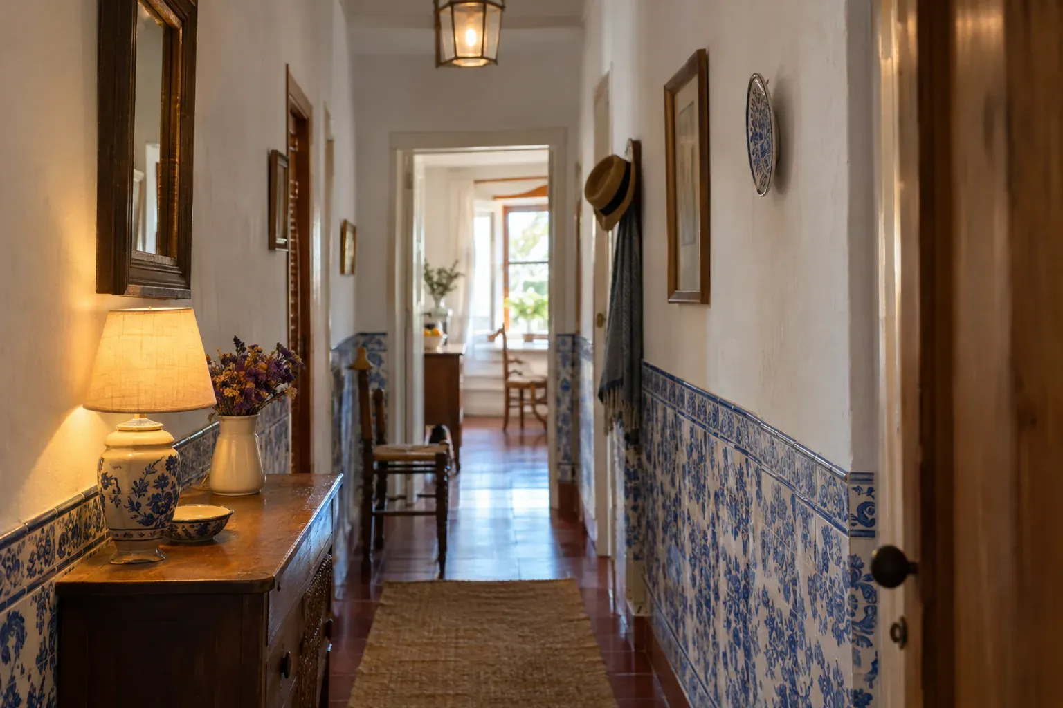 Corredor de uma casa antiga, com azulejos azuis e brancos até meia altura, um candeeiro aceso sobre um móvel de madeira e uma sala ao fundo.